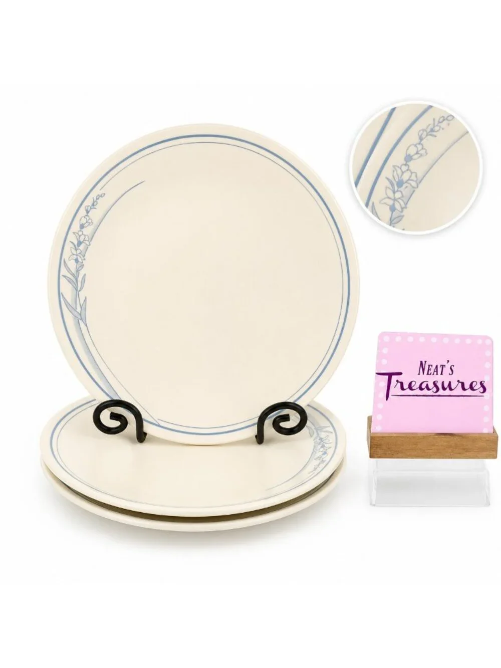 Corelle By Corning BLUE LILY Blue Floral Cream Background Dinner Plates Set of 3
